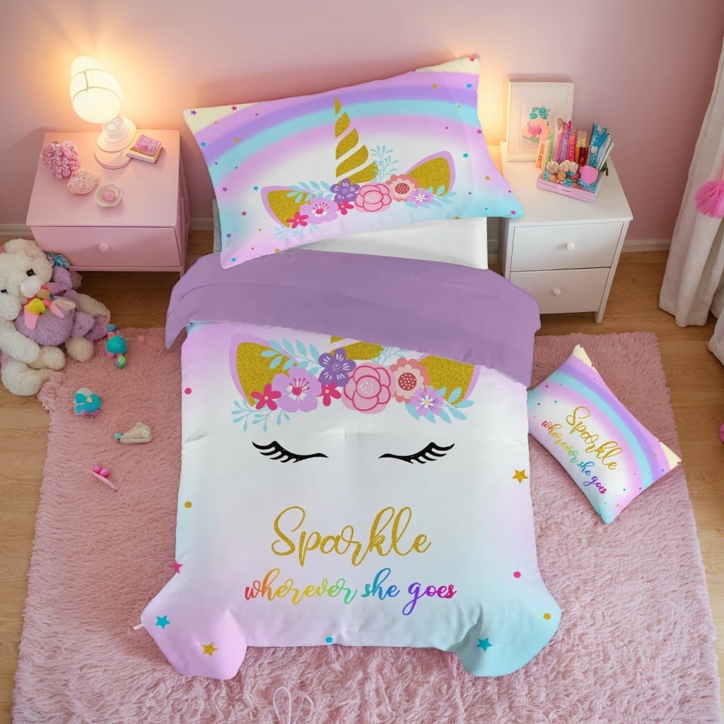 Twin Size Rainbow Star Comforter Set for Girls Kids Colorful Unicorn Bedding Sets Blue Purple 3 Pieces