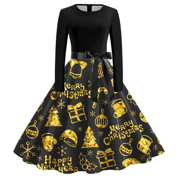 SRZYMJ 1950s Vintage Christmas Dress for Women Long Sleeve Crew Neck 1950s Vintage Printed Evening Prom Dresses with Belt