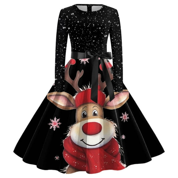 SRZYMJ 1950s Vintage Christmas Dress for Women Long Sleeve Crew Neck 1950s Vintage Printed Evening Prom Dresses with Belt