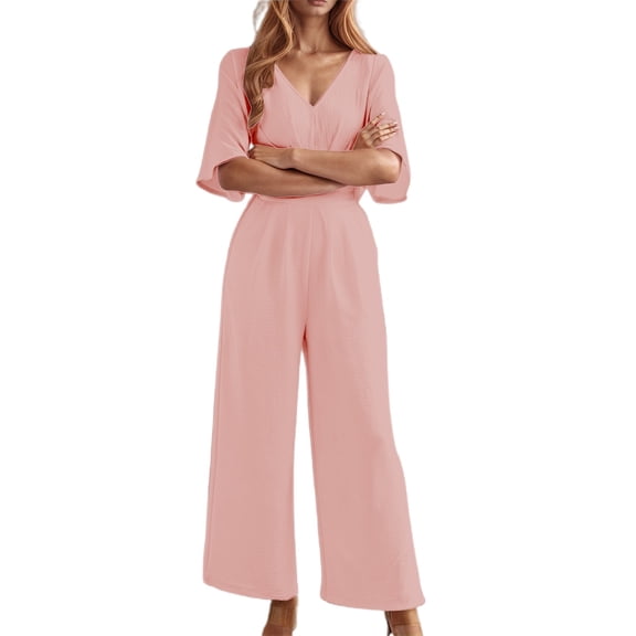 SRZYMJ Athletic Women's Jumpsuit Women's V Neck Short Sleeve Wide Leg Jumpsuit Elegant Casual Romper with Pockets for Spring
