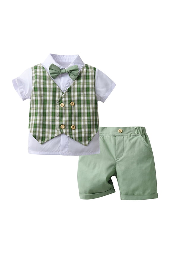 Baby Boys Summer Suits Short Sleeve Wedding Ring Bearer Outfits 4Pcs Graduation Dress Vest Shirt Bowtie Shorts Set