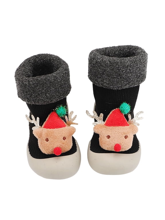 Baby Christmas Sock Shoes, Warm Fleece Lined Toddler Pre-Walker Sock Sneakers, Cute 3D Reindeer Non Slip Infant Footwear 24