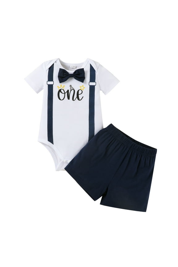 Baby First Birthday Outfit Boy Short Sleeve Gentleman One Year Old Romper + Shorts Cake Smash Bodysuit Set Navy 3-6 Months