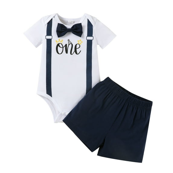 SRZYMJ Baby First Birthday Outfit Boy Short Sleeve Gentleman One Year Old Romper + Shorts Cake Smash Bodysuit Set Navy 6-9 Months
