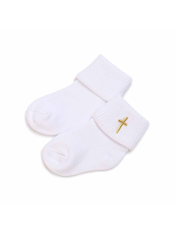 Baby Turn Cuff Socks, White Infant Socks with Gold Cross Embroidery, Baptism Christening Newborn Socks