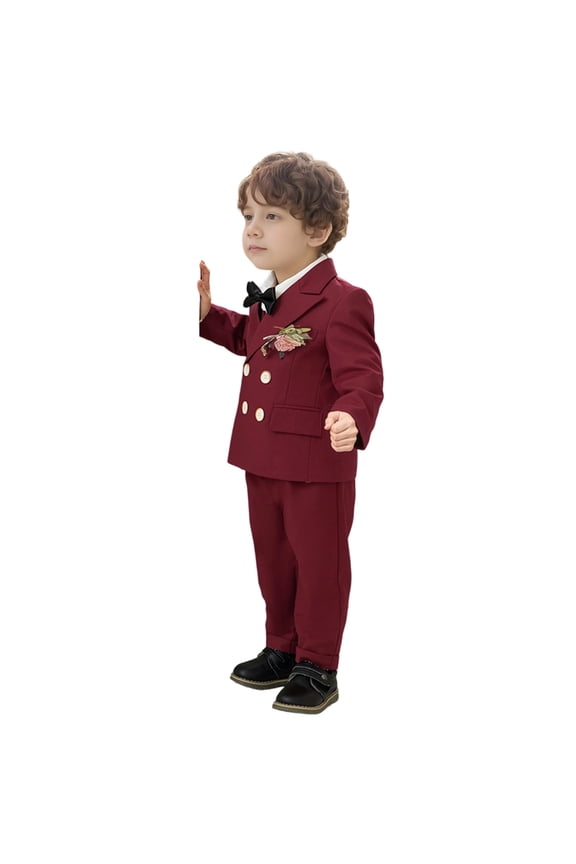 Boy Formal Suits Wedding Outfit 5 Piece Dress Blazer Jacket Pants Bowtie Vest Boutonniere Sets Gentleman Clothes Brick Red 3-4 Years