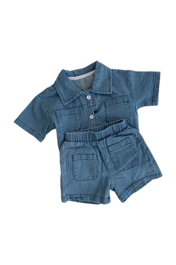 Boy's 2 Piece Summer Outfits Short Sleeve Collar Button Down Denim Shirt Tops and Shorts Set BU1 1-2 Years