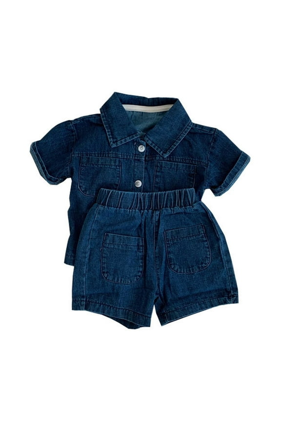 Boy's 2 Piece Summer Outfits Short Sleeve Collar Button Down Denim Shirt Tops and Shorts Set BU2 2-3 Years