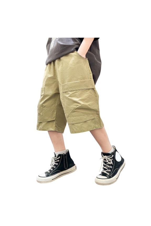 Boys Cargo Pants with Stretch Waist and Drawstring for Summer Play and Casual Street Style Khaki 11-12 Years