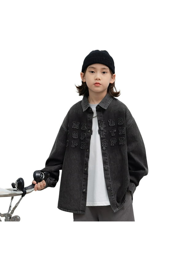 Boys Denim Jacket Long Sleeve Casual Outerwear Big Kids Autumn Street Comfortable Black 6-7 Years