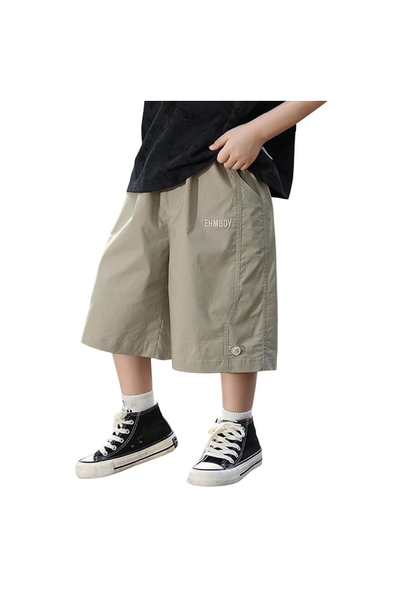 Boys Elastic Waist Casual Shorts Summer Baggy Cargo Shorts Elastic Relaxed Fit Cotton Casual Twill Capri Pant Khaki 8-9 Years