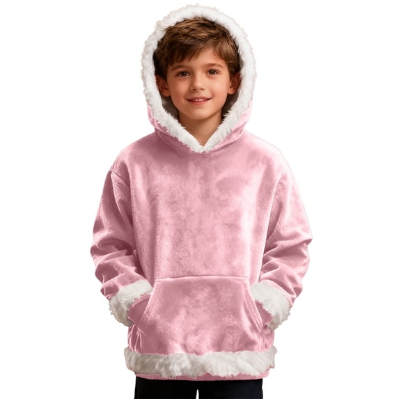 SRZYMJ Boys Flannel Hooded Pullover Sweatshirt Soft Cozy Casual Wear Youth Childrens Outerwear Jacket Top Light Pink 10-11 Years