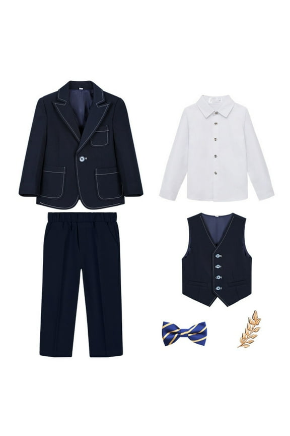 Boys Formal Suit Set 6 Piece Gentleman Outfits Long Sleeve One Buttons Blazer Suits with Bow Vest Shirt Pants Brooch Navy 4-5 Years