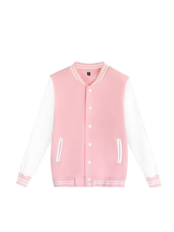 Boys Girls Letterman Jacket, Kids Varsity Bomber Jacket, Lightweight Baseball Jackets Button Down Coat School Outwear Red 140
