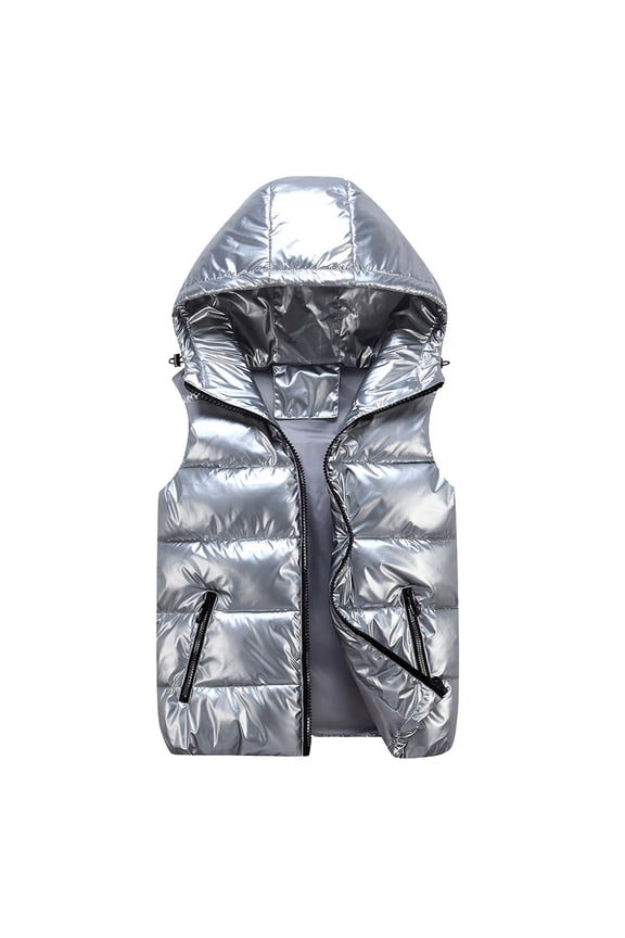 Boys Girls Shiny Puffer Down Vest Quilted Zip Up Hat Collar Pocketed Sleeveless Jacket Silver 3-4 Years