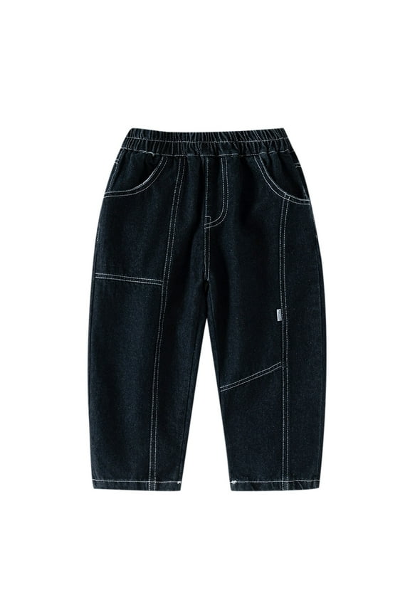 Boys Jeans Kids Cotton Denim Pants Summer Pull On Elastic Waist Jeans Tapered Leg Casual Trousers with Pockets Black 6-7 Years