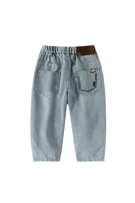 Boys Jeans Kids Cotton Denim Pants Summer Pull On Elastic Waist Jeans Tapered Leg Casual Trousers with Pockets Blue 5-6 Years