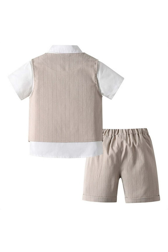 Boys Linen Suit 4 Piece Summer Gentleman Outfit Kids Dress Vest Shirt Shorts Set for Beach Wedding Graduation Khaki 5-6 Years