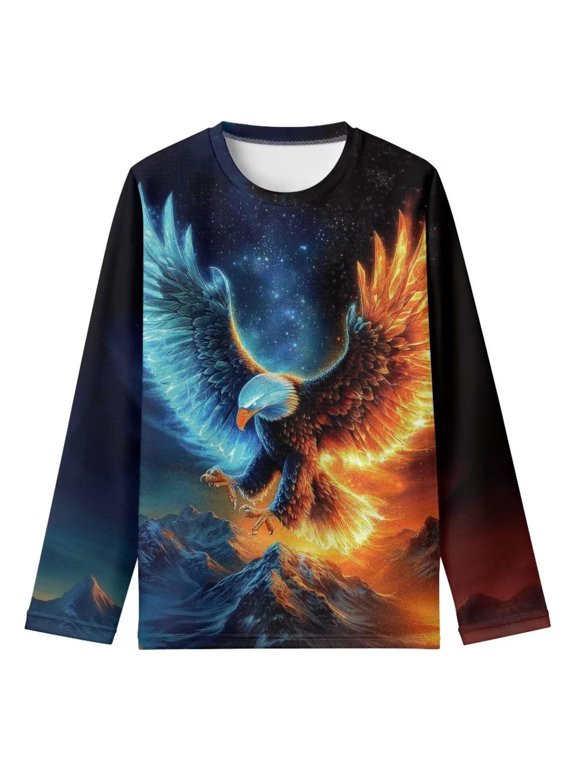 Boys Long Sleeve Crew Neck Shirt, Ice Fire Eagle Mountain Galaxy 3D Print Kids Casual Pullover Top 4-5 Years