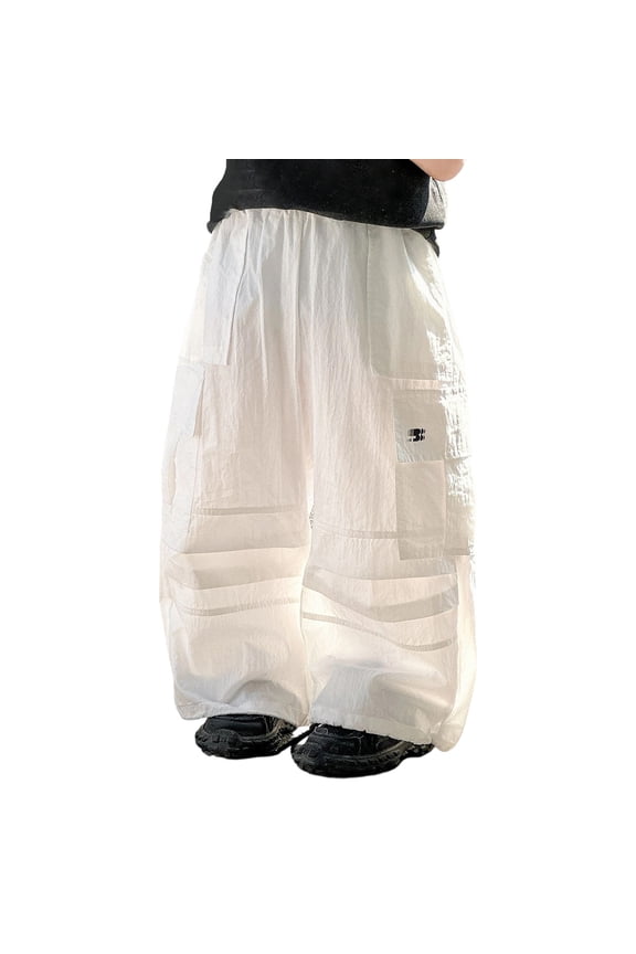Boys Parachute Pants Casual Baggy Cargo Drawstring Trouser White 3-4 Years