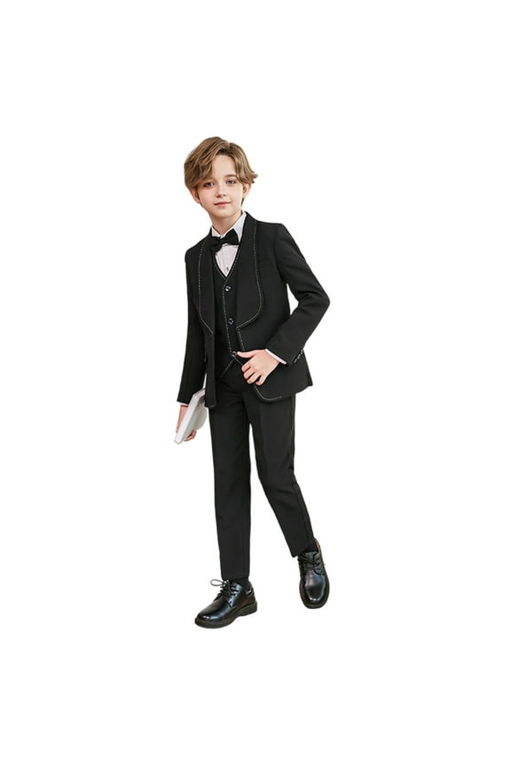 Boys Suit Wedding Ring Bearer Outfit Kids Suit Set, Blazer Pants Bow Tie Dress Clothes Formal Wear Black 14-15 Years