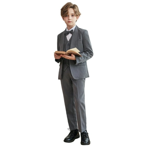 SRZYMJ Boys Suit Wedding Ring Bearer Outfit Kids Suit Set, Blazer Pants Bow Tie Dress Clothes Formal Wear Grey 2-3 Years