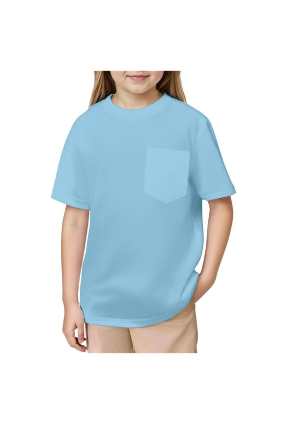 Boys Summer T Shirt Crew Neck Short Sleeve Solid Tees Comfortable Stylish Basic Tops Kids Light Blue 6-7Years