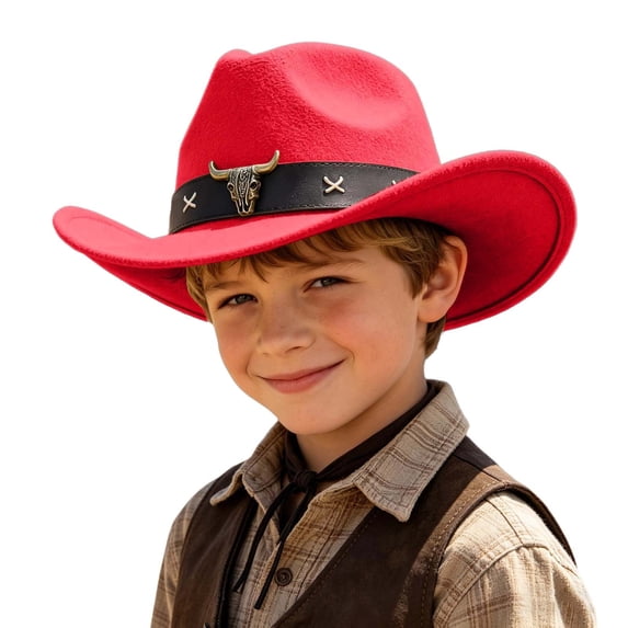SRZYMJ Boys Western Style Cowboy Hat, Curved Wide Brim Felt Hat with Embossed Leather Band, Kids Outdoor Cosplay Cowboy Hat