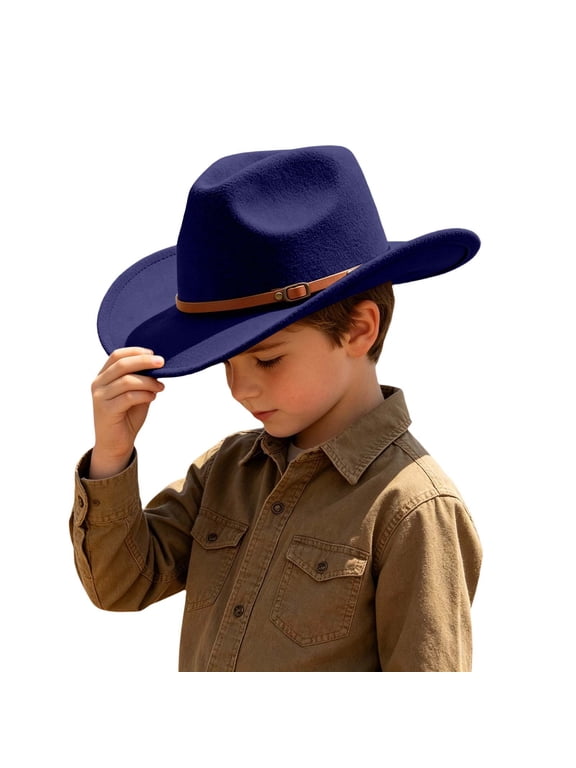 Boys Western Style Cowboy Hat, Curved Wide Brim Felt Hat with Embossed Leather Band, Kids Outdoor Cosplay Cowboy Hat