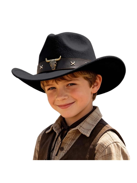 Boys Western Style Cowboy Hat, Curved Wide Brim Felt Hat with Embossed Leather Band, Kids Outdoor Cosplay Cowboy Hat