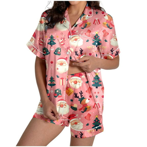 SRZYMJ Button Down Pajamas Women Short Sleeve Relaxed Fit Pjs with Front Pocket for Christmas Holiday Breathable Sleepwear Set