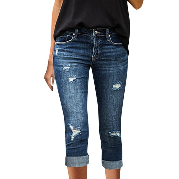 SRZYMJ Capri Jeans for Women Stretch High Waisted Distressed Denim Capris Ripped Cropped Pants