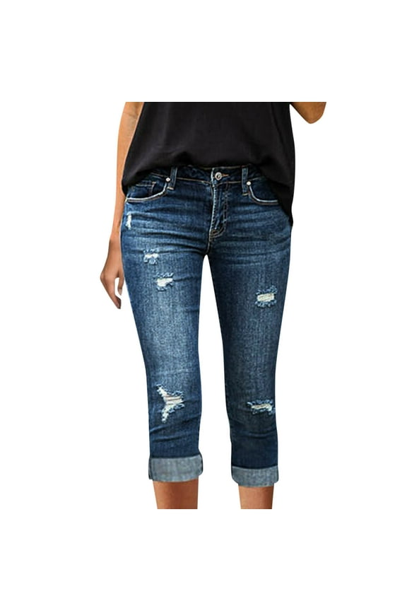 Capri Jeans for Women Stretch High Waisted Distressed Denim Capris Ripped Skinny Cropped Pants