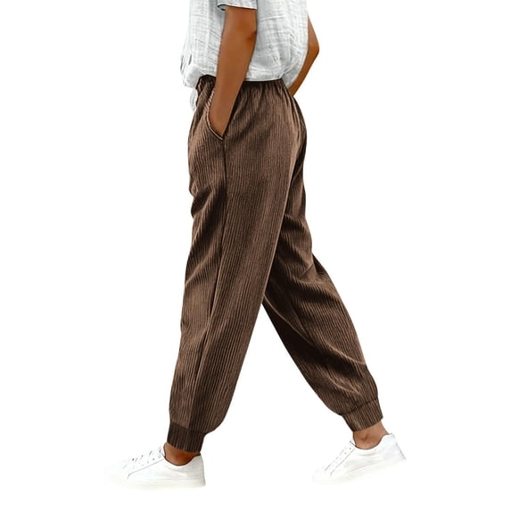 SRZYMJ Casual Corduroy Jogger Pants for Women Loose Elastic Waist Stretch Comfy Business Lounge Trousers with Pockets