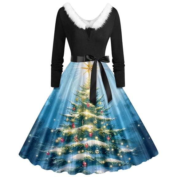 SRZYMJ Christmas Dresses for Women Plus Size Plush V Neck Dress Vintage 1950S Festive Long Sleeve Collar Asymmetrical Party Gown Elegant Holiday Dinner Dress