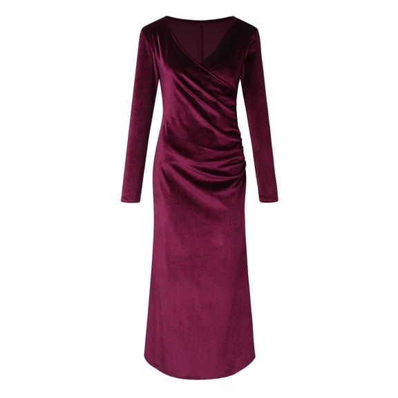 SRZYMJ Christmas Dresses for Women 2025 Fall Velvet Midi Dress V Neck Long Sleeve High Waist Evening Party
