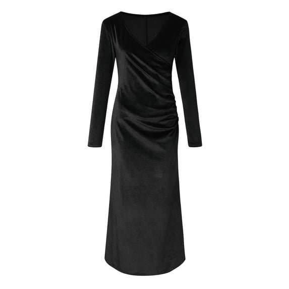 SRZYMJ Christmas Dresses for Women 2025 Fall Velvet Midi Dress V Neck Long Sleeve High Waist Evening Party
