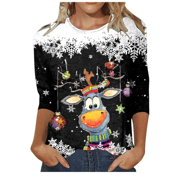 SRZYMJ Christmas Shirts for Women 3/4 Length Sleeve Funny Xmas Tree Reindeer Graphic Tshirts Blouses Holiday Christmas Tunic Tops