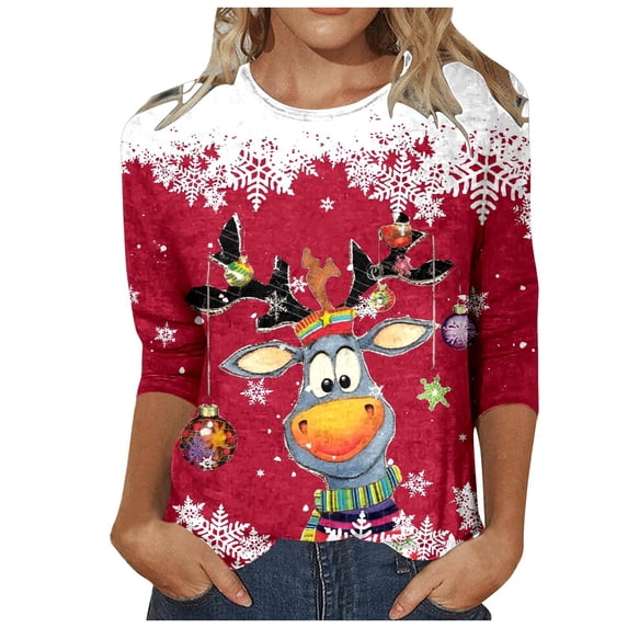 SRZYMJ Christmas Shirts for Women 3/4 Length Sleeve Funny Xmas Tree Reindeer Graphic Tshirts Blouses Holiday Christmas Tunic Tops