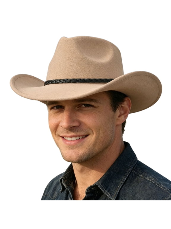 Classic Wool Fedora Hat with Leather Band Roll Up Wide Brim Western Cowboy Hat for Men Women
