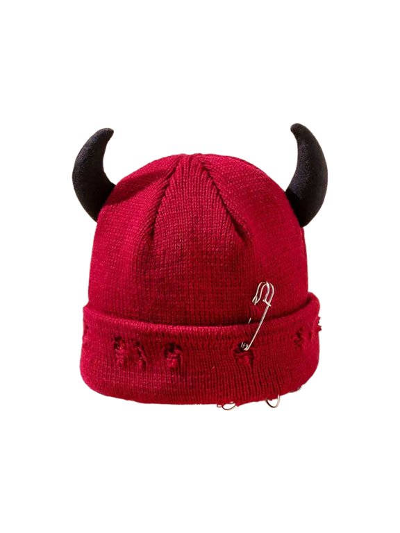 Distressed Gothic Horn Beanie Iron Ring Knitted Hat Accessories