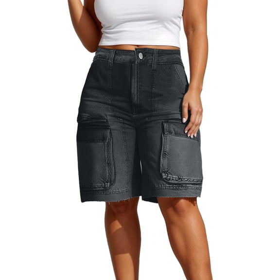 SRZYMJ Distressed Jean Shorts Women Women High Waisted Straight Leg Denim Cargo Shorts Casual Summer Jorts with Multiple Pockets Comfort Stretch Fabric