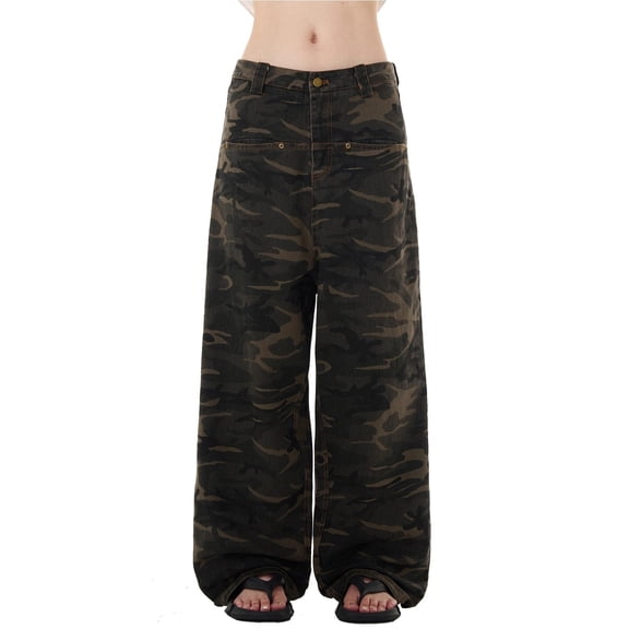 SRZYMJ Elastic Waist Jeans for Women Camo Print Women's Denim Trousers with Relaxed Straight Leg for Everyday Casual