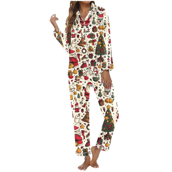 SRZYMJ Elegant Floral Print Long Sleeve Lapel Pajama Set For Women Cozy Winter Nightwear Home Outfit Holiday Sleep Comfort