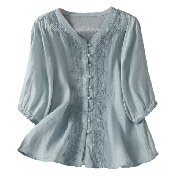 SRZYMJ Embroidered Cotton Linen Tops for Women 3/4 Sleeve Summer Boho Peasant Gauze Blouses Dressy Casual Bohemian Shirts