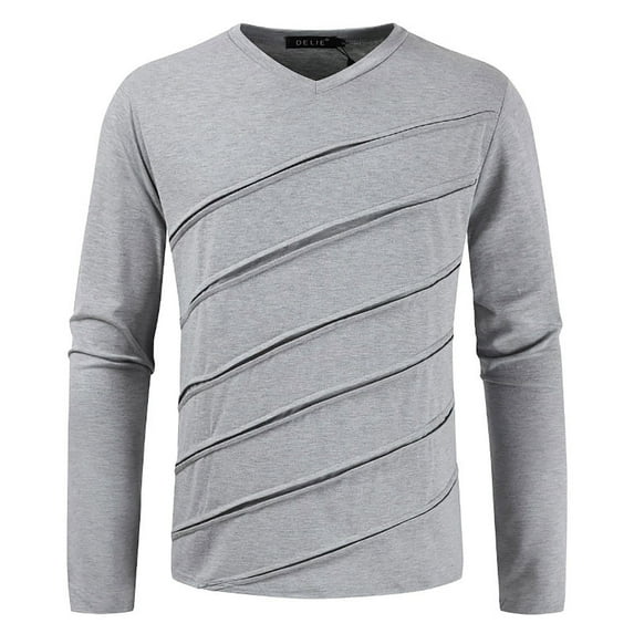 SRZYMJ Fashion Casual Hollow Pleated Long Sleeve V Neck Solid Color T-Shirt for Men Comfortable Breathable Daily Wear
