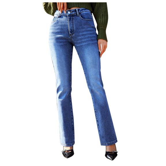 SRZYMJ Flare Jeans for Ladies Women's Winter Velvet Straight Leg Trousers High Waist Comfort Stretch Denim Pants for Daily Casual Wear and Outfits