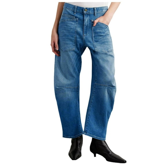 SRZYMJ Frayed Hem Denim Jeans Stitching Embroidered Patchwork Pocket Wash Distressed High Rise Tapered Denim Pants