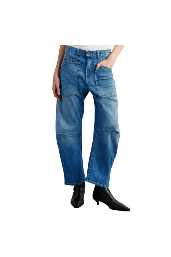 Frayed Hem Denim Jeans Stitching Embroidered Patchwork Pocket Wash Distressed High Rise Tapered Denim Pants
