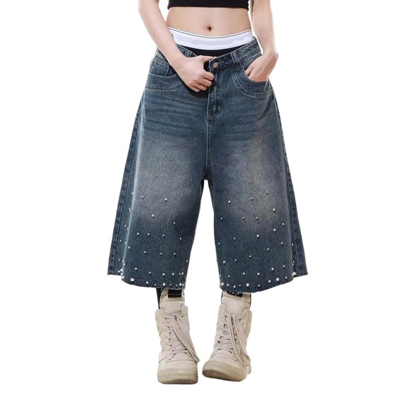 SRZYMJ Frayed Hem Denim Jeans Women's High Waisted Loose Fit Cropped Jeans With Beaded Details Casual Comfort Stretch Denim Pants For Everyday Wear Spring